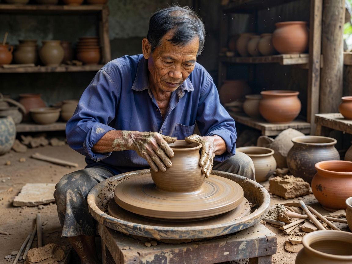 Artisan hand-shaping raw clay pottery wheel in Bat Trang traditional village