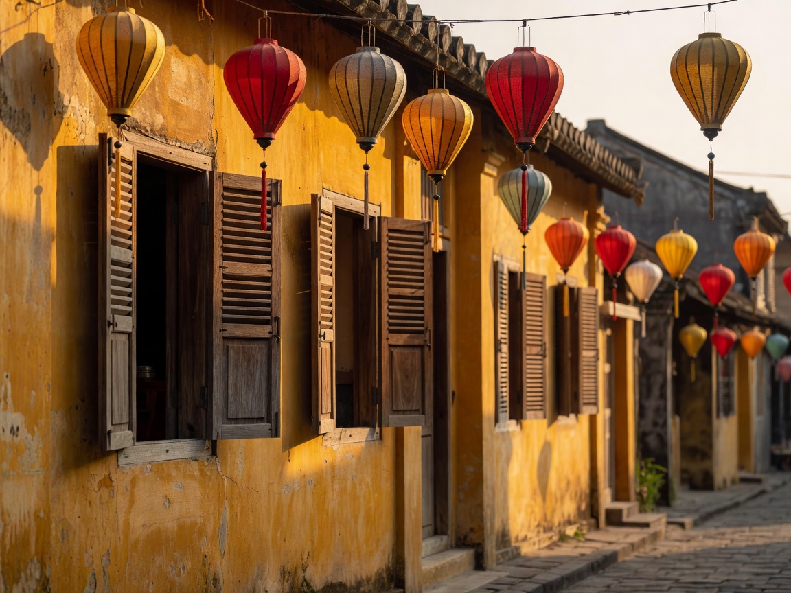 Hoi An ancient town yellow heritage wall with lanterns and wooden shutters