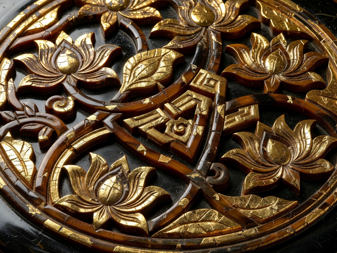 Intricate Vietnamese gold leaf and natural resin lacquer artwork detail