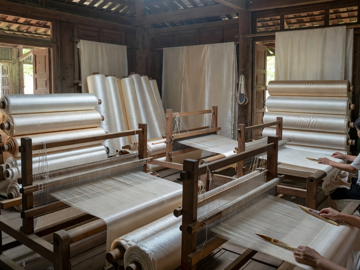 Loom-woven natural mulberry silk fabric rolls in Hanoi craft workshop