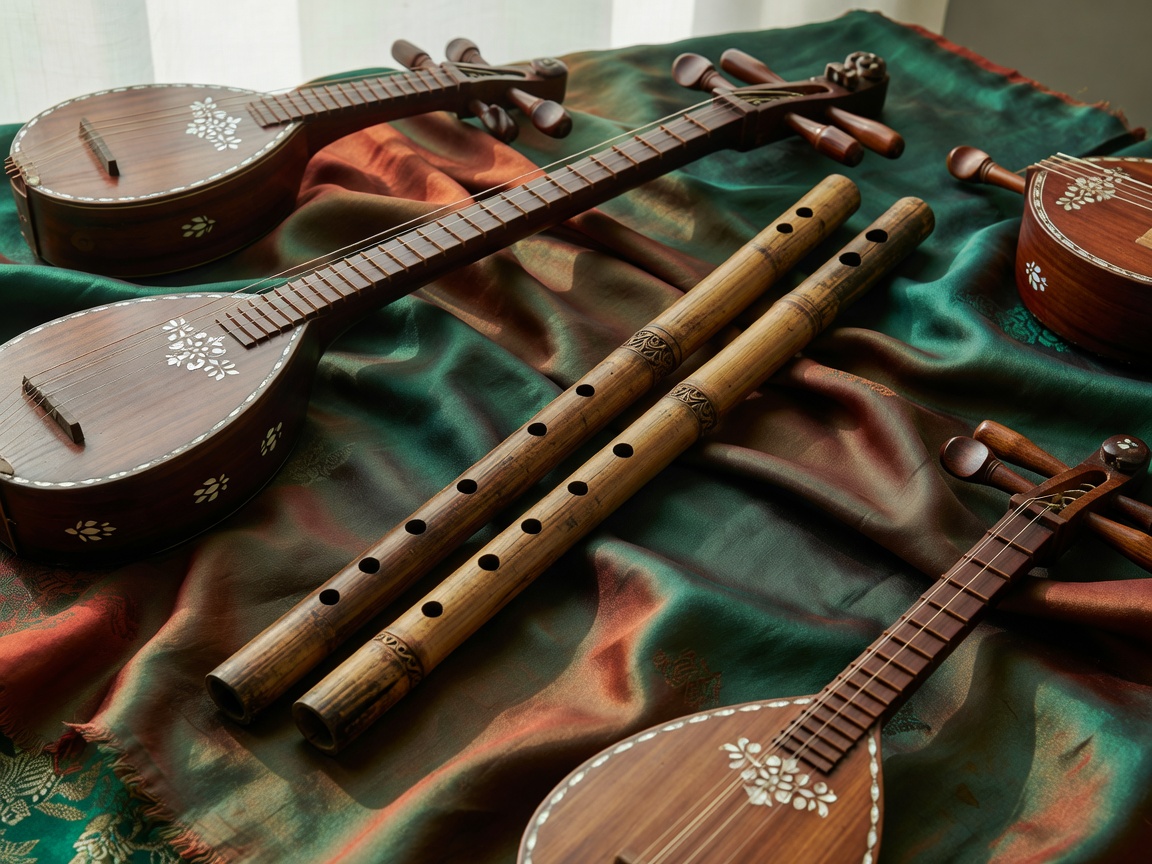 Traditional Vietnamese bamboo flute and string instruments arranged on silk cloth