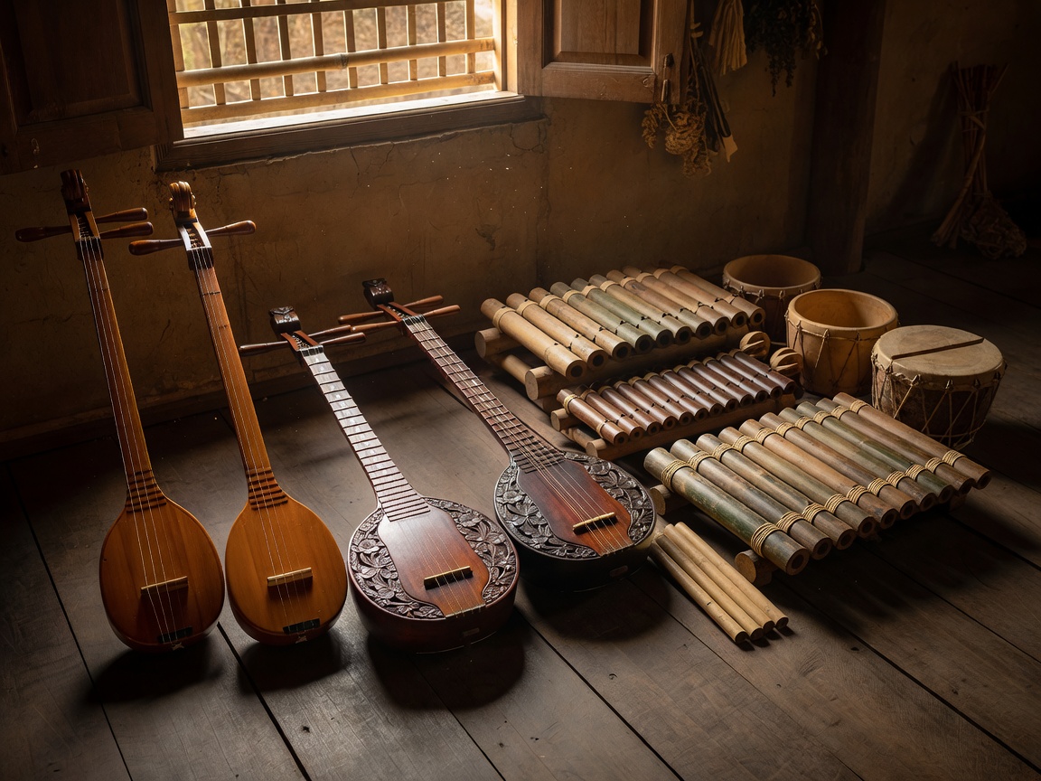 Traditional Vietnamese folk string instruments and bamboo percussion tools