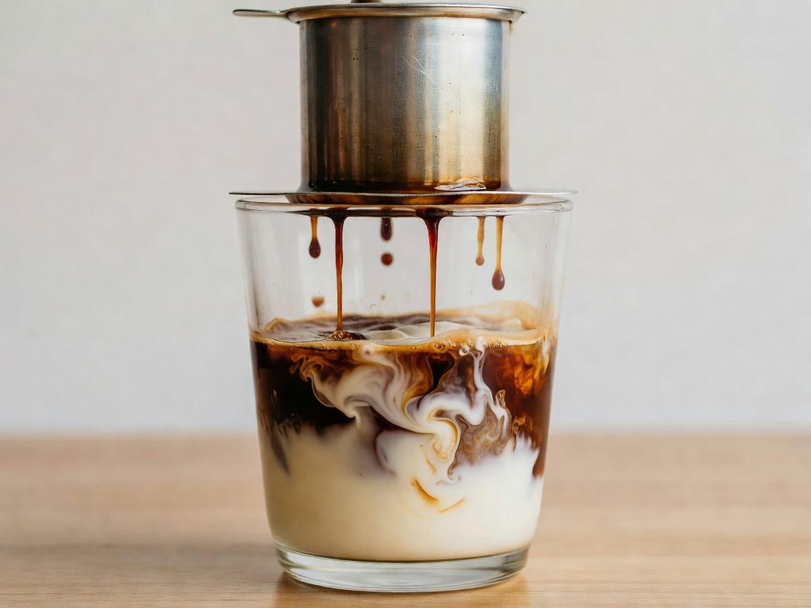 Vietnamese aluminum phin filter dripping thick dark coffee over condensed milk