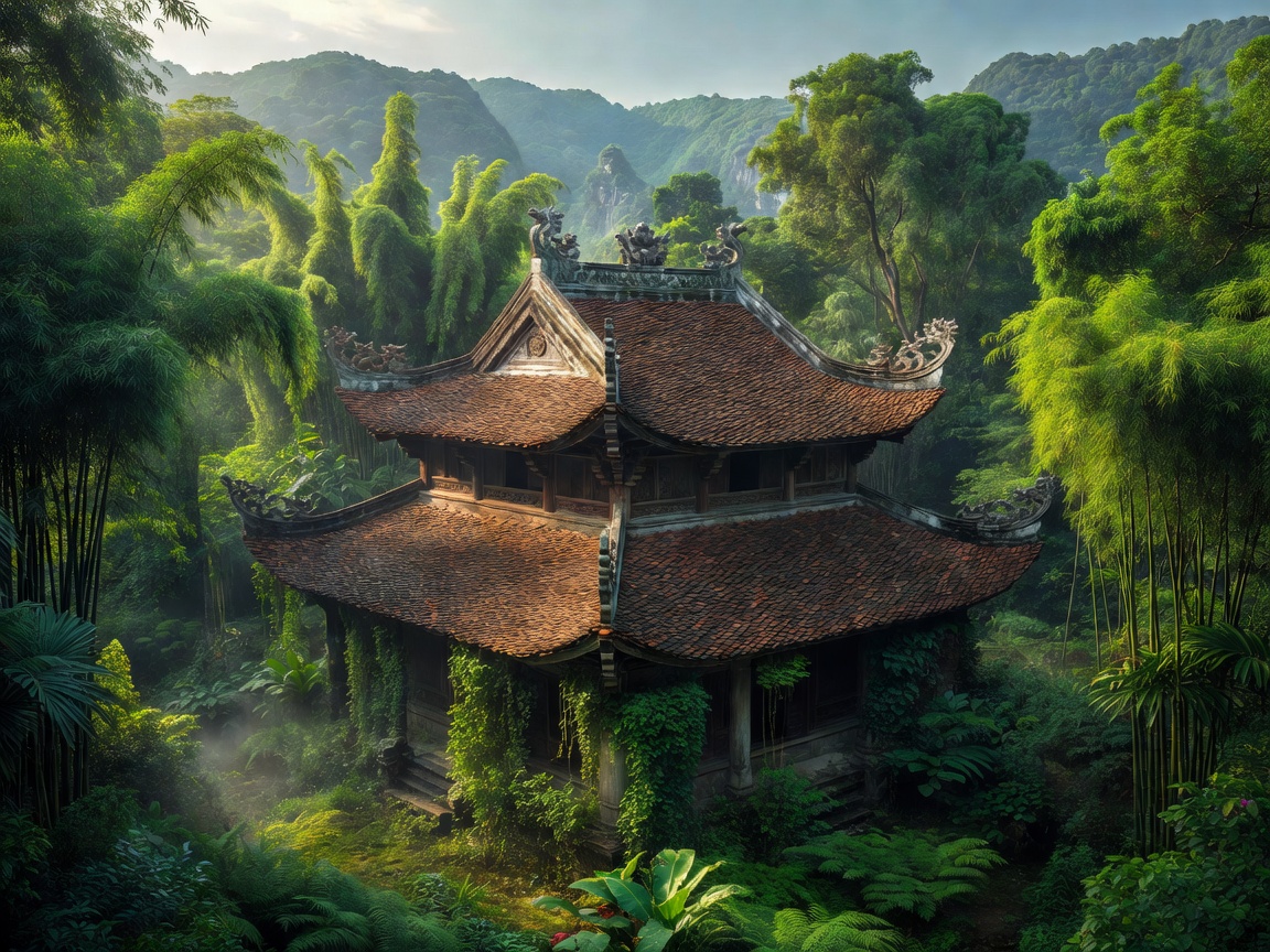 Vietnamese ancient pagoda roof with terracotta tiles and lush green surroundings in Ninh Binh