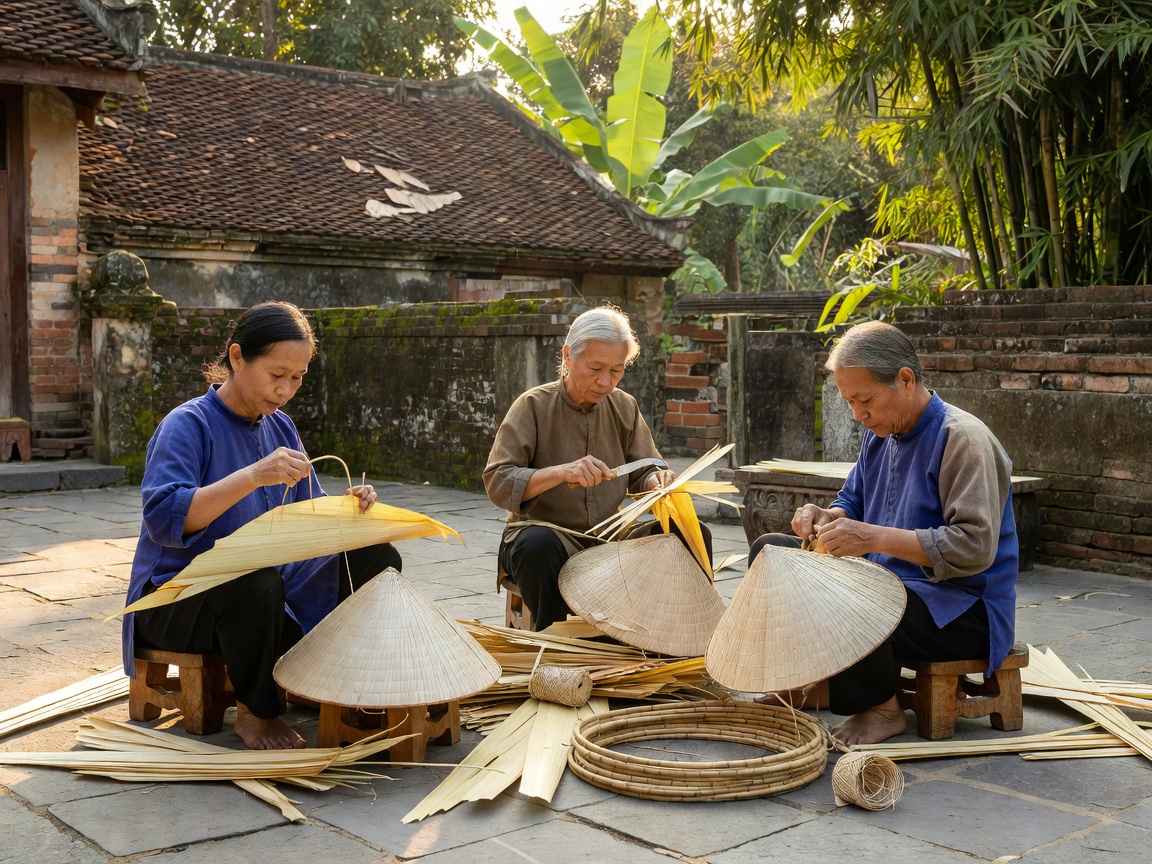 Vietnamese artisans crafting non la conical palm leaf hats in traditional courtyard
