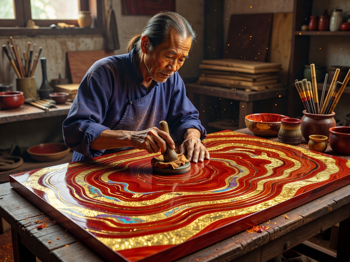 Vietnamese lacquer artist polishing a rich multi-layered gold and cinnabar resin panel