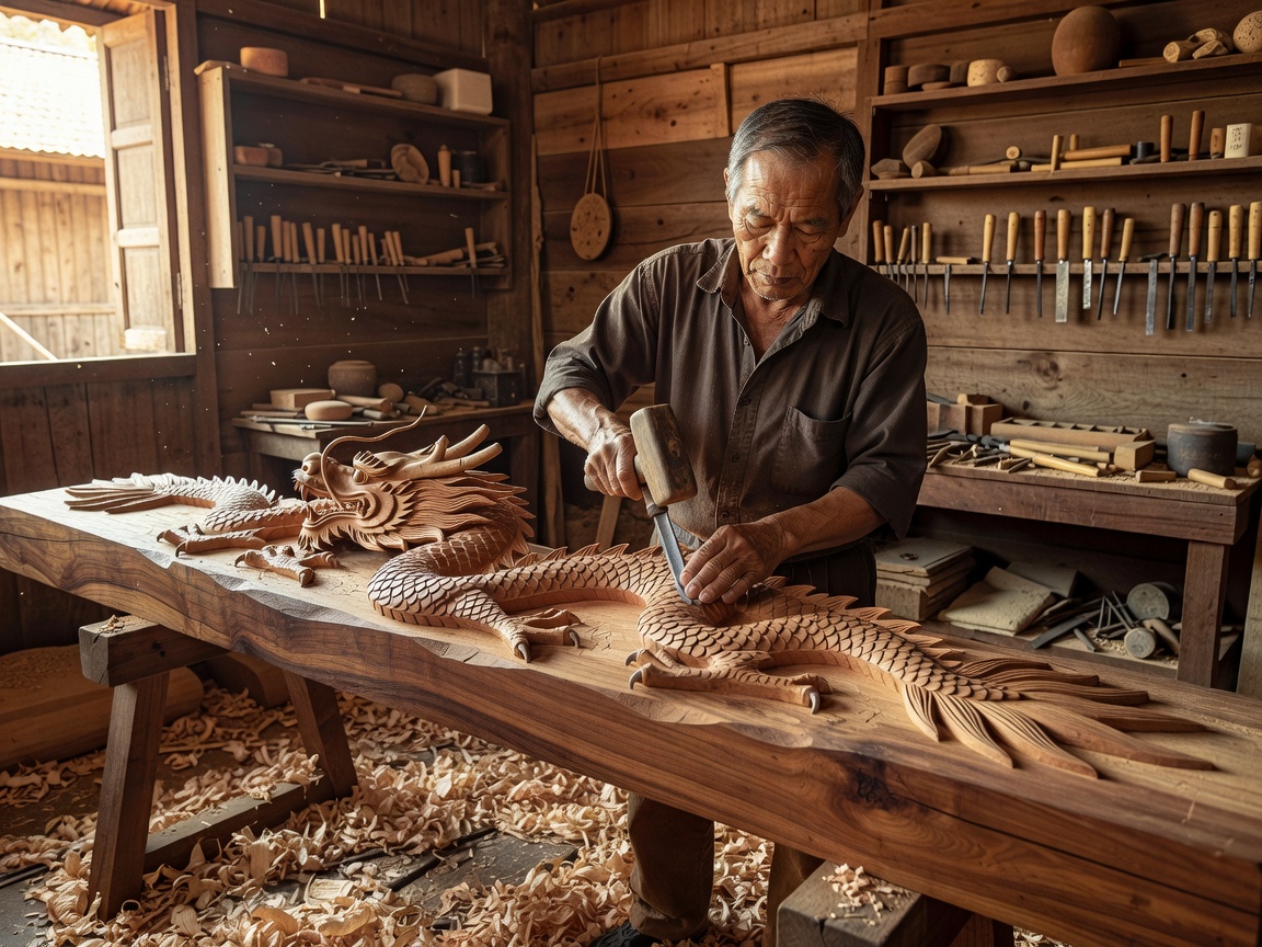 Vietnamese master wood carver hand-carving intricate dragon beam in wooden workshop
