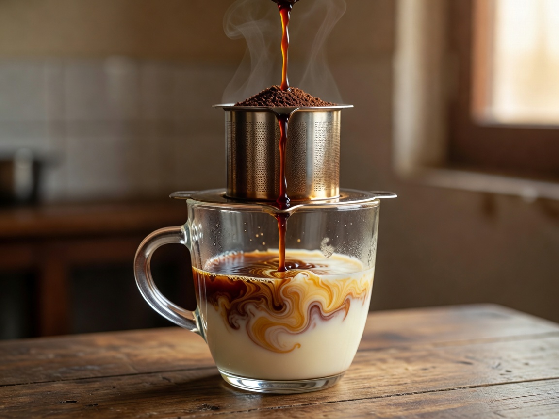 Vietnamese slow drip phin filter coffee with condensed milk over glass cup