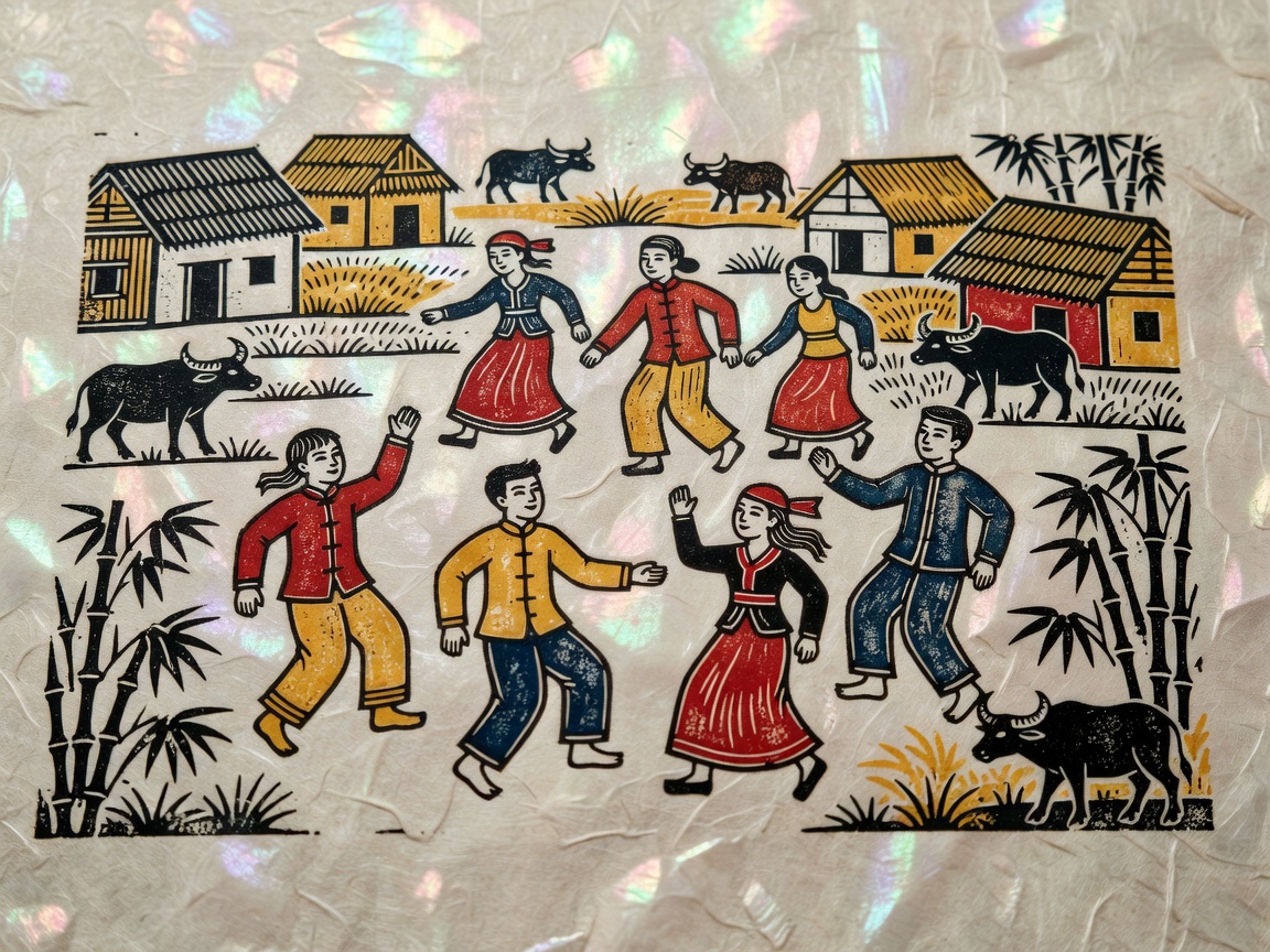 Vietnamese traditional woodcut folk print on scallop-shell coated Diep paper