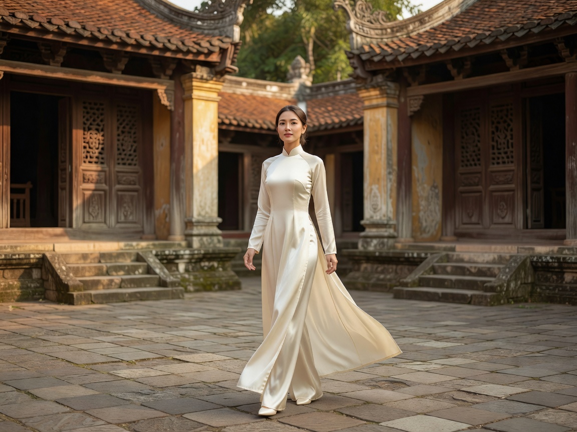 Vietnamese woman wearing ivory silk Ao Dai walking in historical Hue temple courtyard